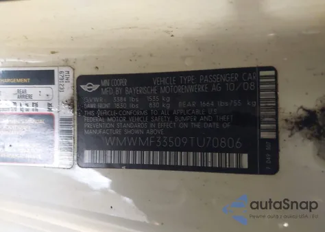 2009 Mini Cooper from USA, damaged, VIN WMWMF33509TU70806